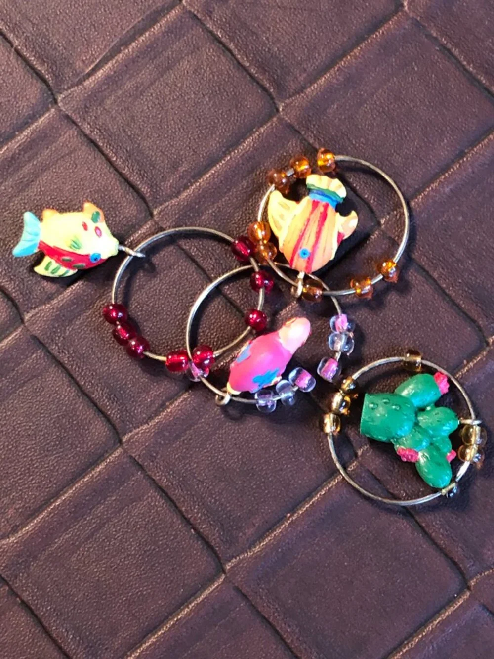 Wine Glass Charms 4 Pieces Colorful Cactus & Fish